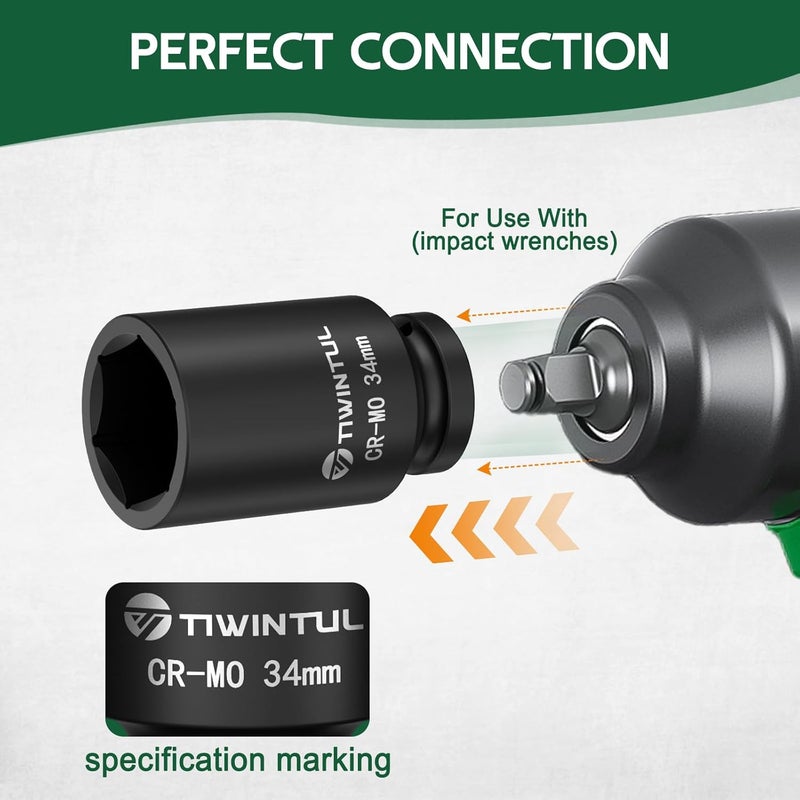 TIWINTUL 34mm Deep Impact Socket 1/2 Inch Drive, CR-MO Steel Impact Socket, 3.07" Length, 6 Point Design, Metric Size, Axle Nut Socket for Easy Removal of Axle Shaft Nuts - Image 5